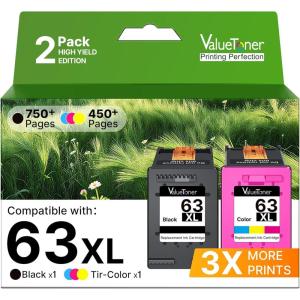 imageValuetoner for HP Ink 63 Replacement for 63XL Ink Cartridges Black and Color 63 Ink to use for HP Officejet 3830 4520 4650 4655 5252 5255 5222 5255 5258 Deskjet 2130 2132 3630 3632 1 Black 1 Color