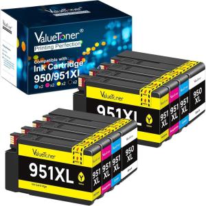 imageValuetoner 950XL and 951XL Ink Cartridges 8Pack Replacement for HP 950 951 Ink Cartridges Combo Pack Use for Officejet Pro 8600 8610 8620 8100 8615 8625 8630 8660 2 Black 2 Cyan 2 Magenta 2 Yellow